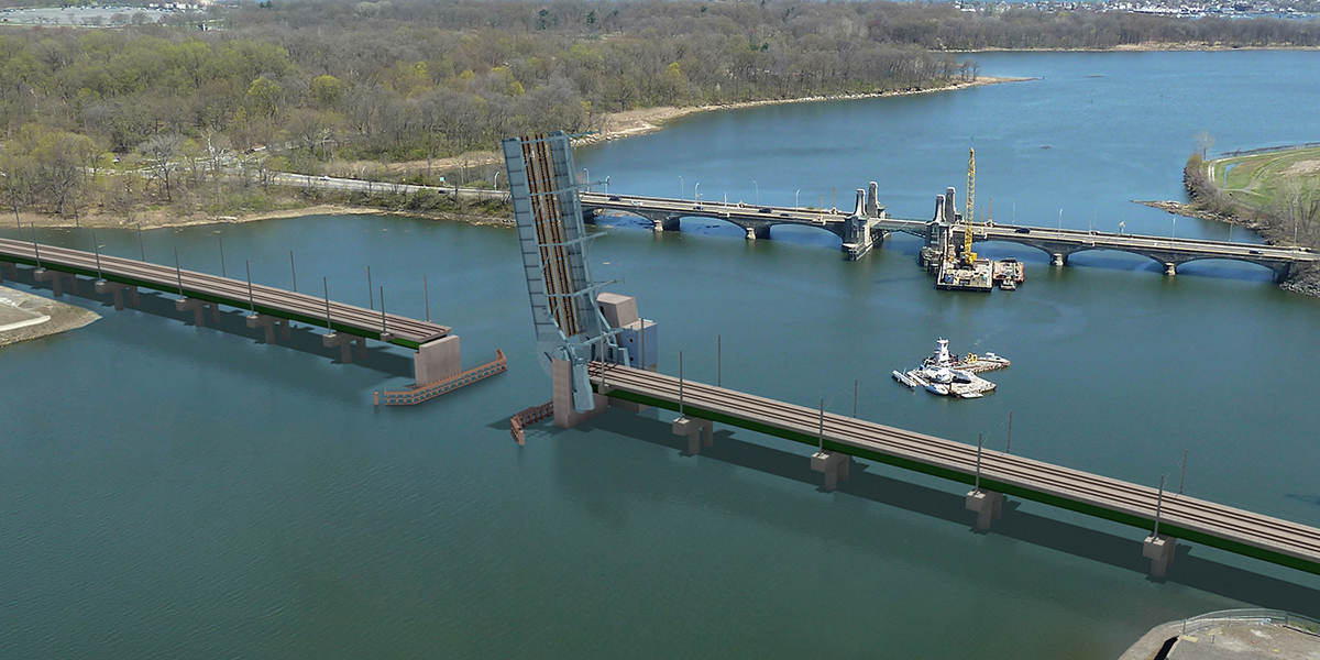A section of the Pelham Bay Bridge is raised for a passing vessel.