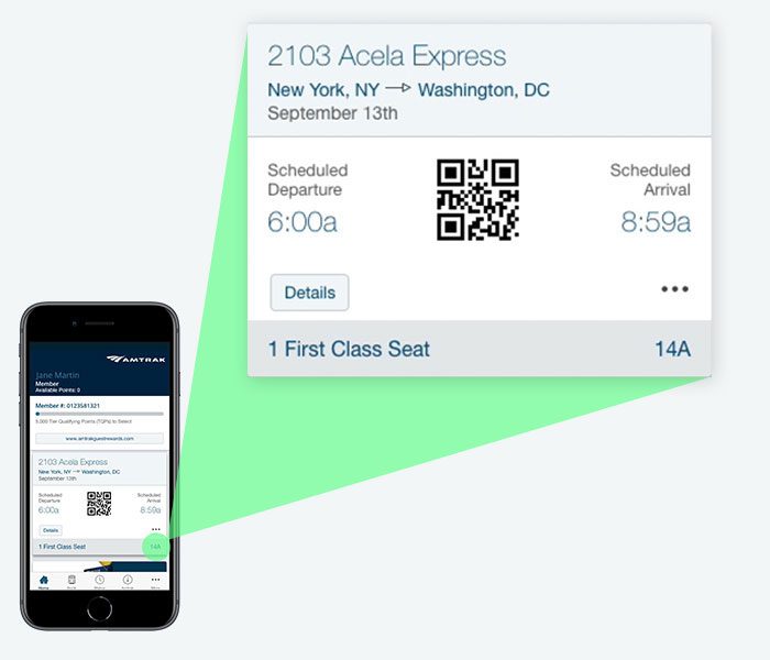 Amtrak app eticket highlighting assigned seat 