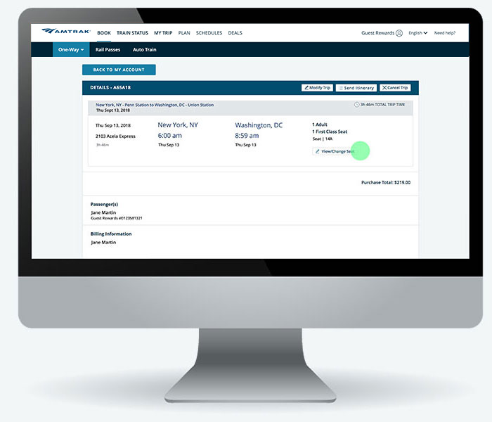 Amtrak website reservation details highlighting assigned seat 